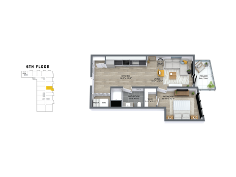 Floor plan for 1 bed, 1 bath, 689 sqft